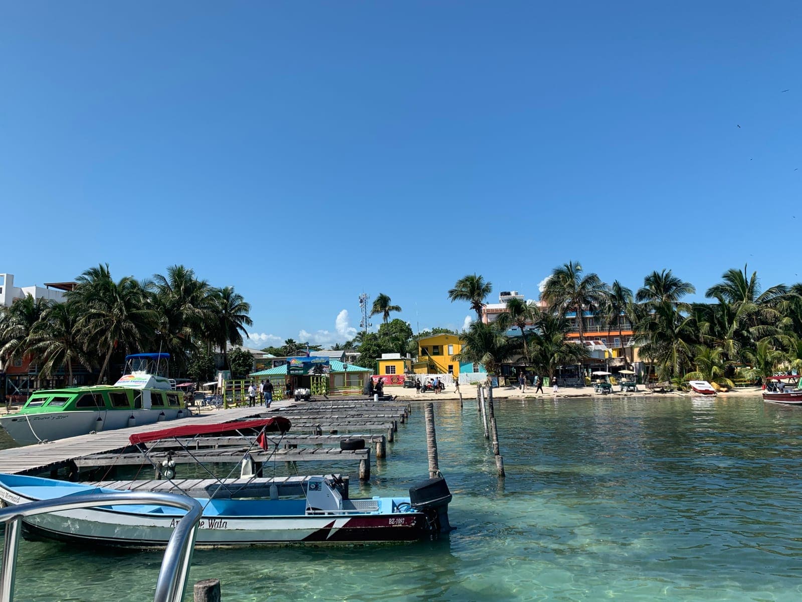The water taxi dock on Caye Caulker: boats tied up along a wooden pier, palm trees and the beach behind
